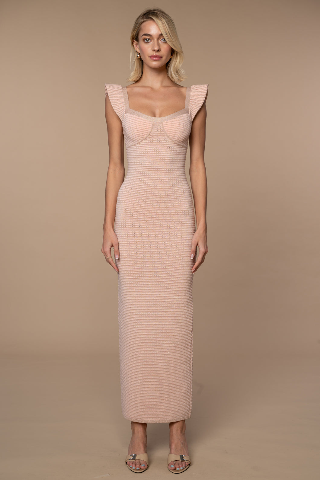 Marlowe Column Dress in Peach +  Gold Lurex